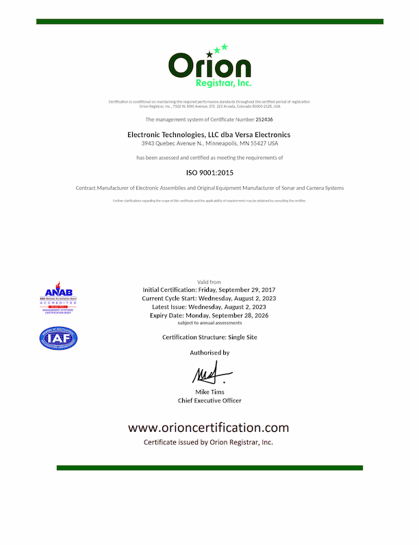 Versa Electronics ISO 9001-2015